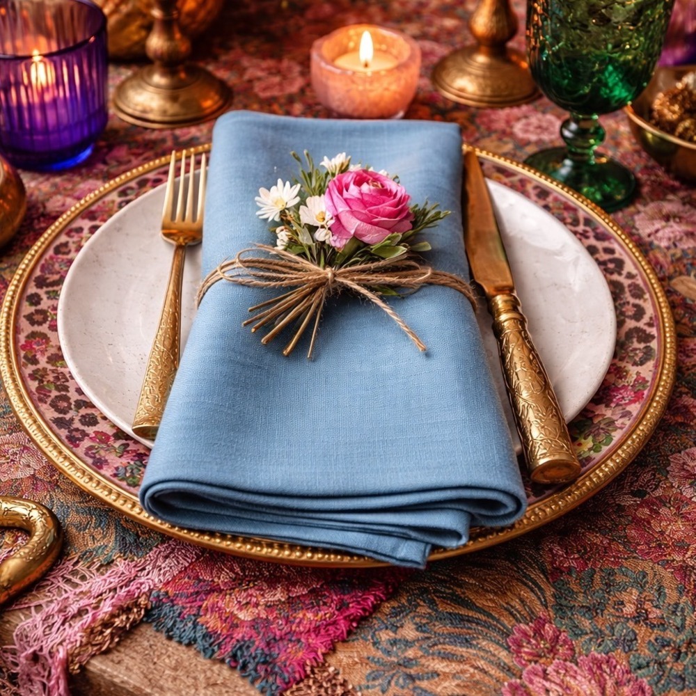 Set of 2 Teal Blue Cloth Napkins Woodgrain Damask Pattern Square Table Linens